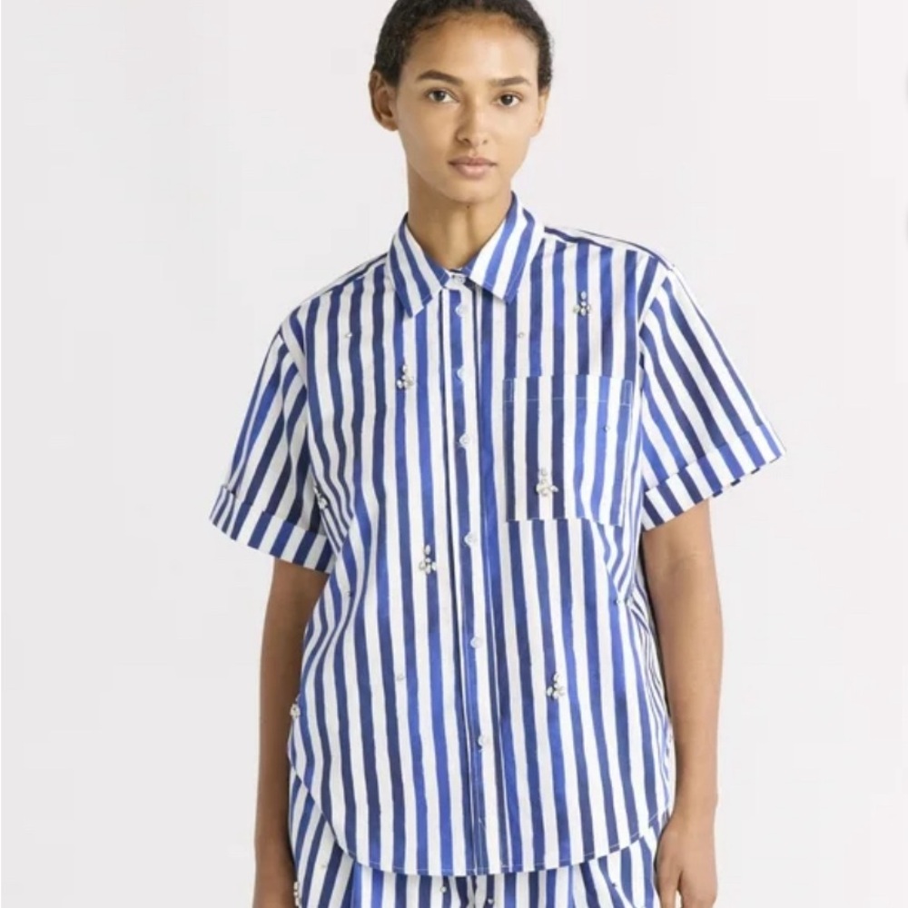 Free Assembly Blue and White Striped Diamond Short Sleeve Shirt Size XL